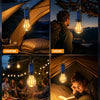 A multi-scene use solar rechargeable camping lantern shown in various contexts including camping, hiking, BBQ, and tent readi