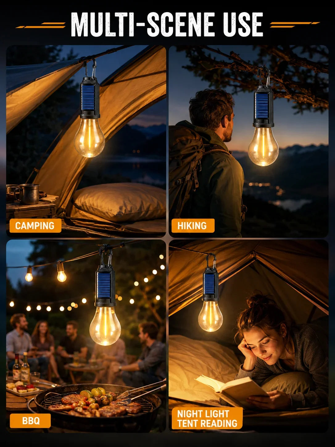 A multi-scene use solar rechargeable camping lantern shown in various contexts including camping, hiking, BBQ, and tent readi