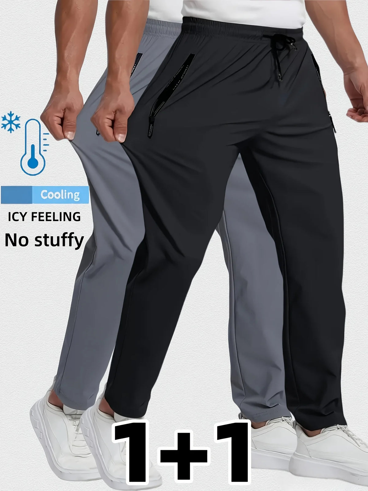 A man is wearing black jogger pants and white sneakers, demonstrating the fit of breathable casual joggers.