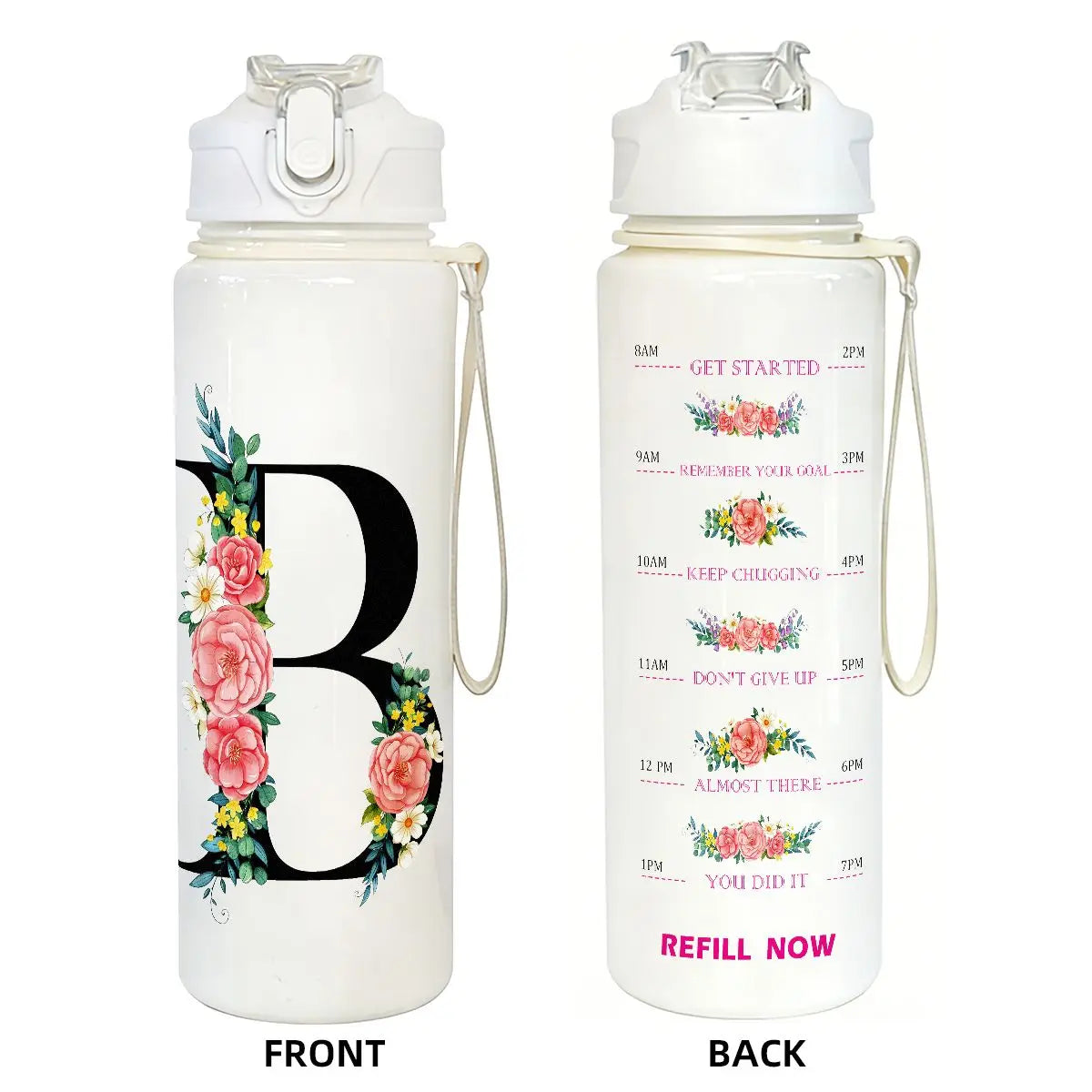 Front and back views of a white insulated straw tumbler for hydration