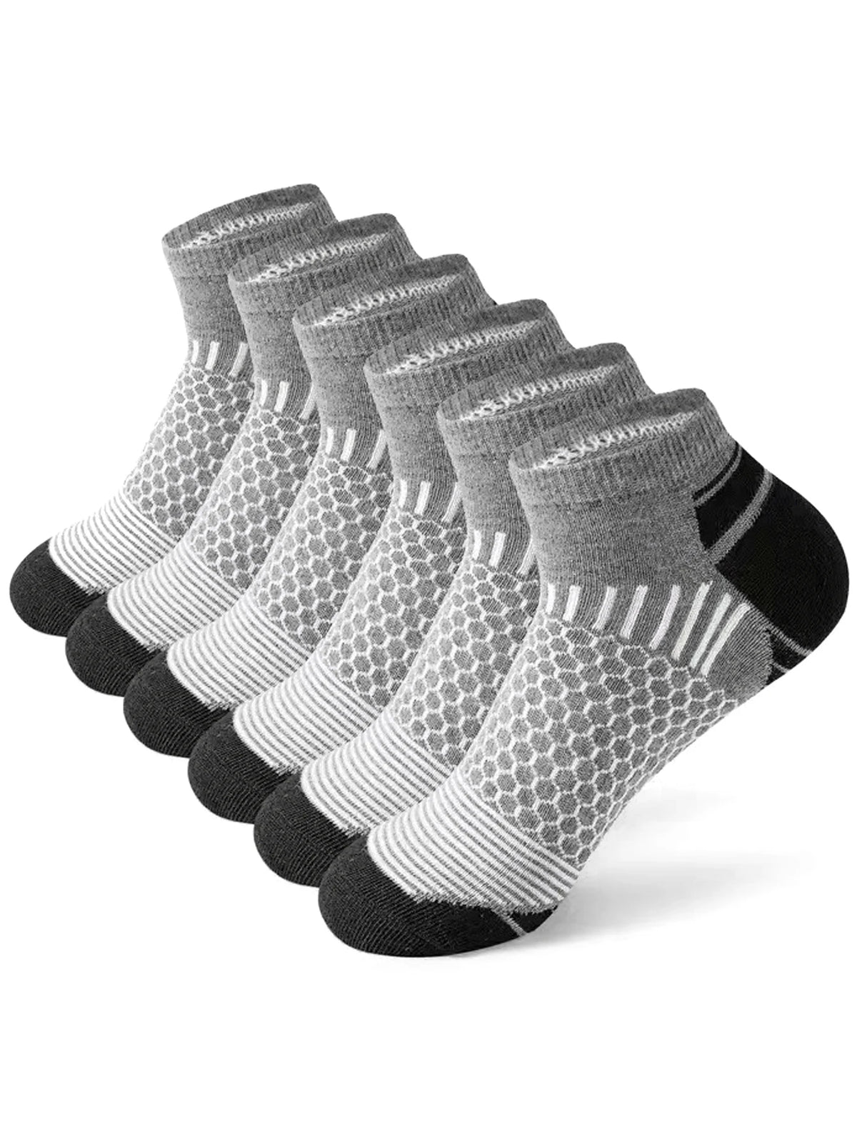 A stack of gray and black athletic knit ankle socks for men, displayed diagonally.