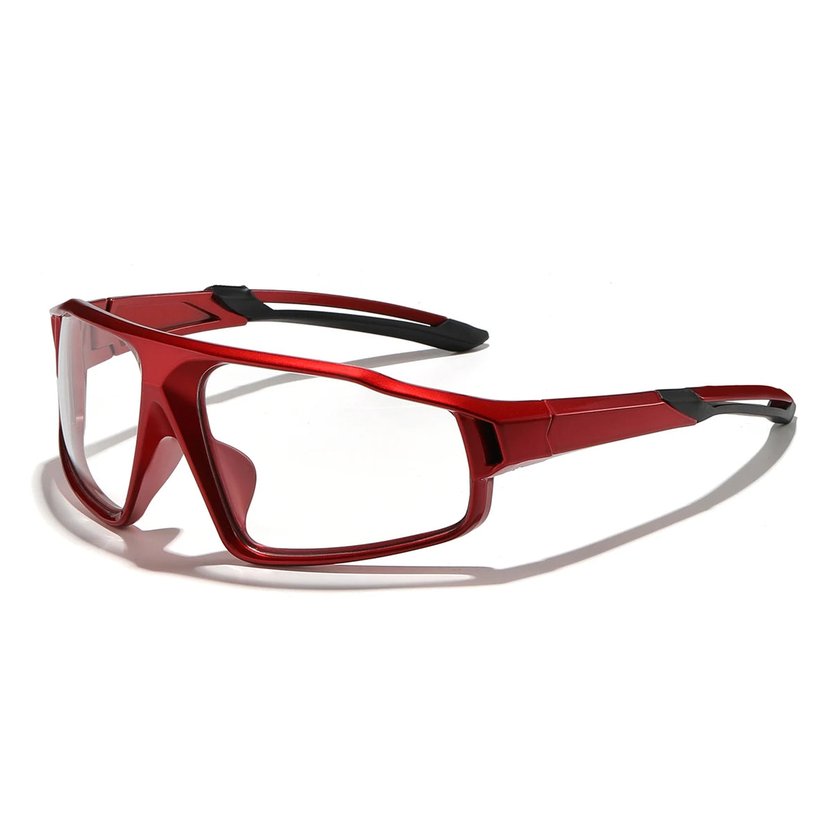 A pair of red photochromic sports sunglasses with black arms shown against a white background.