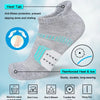 Gray ankle socks with a heel tab and reinforced heel and toe, showing features like machine wash and tumble dry low.