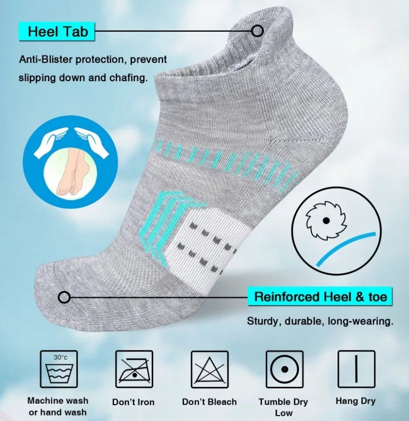 Gray ankle socks with a heel tab and reinforced heel and toe, showing features like machine wash and tumble dry low.