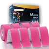 Pink muscle patch kinesiology tape roll displayed in a box with an athletic figure.
