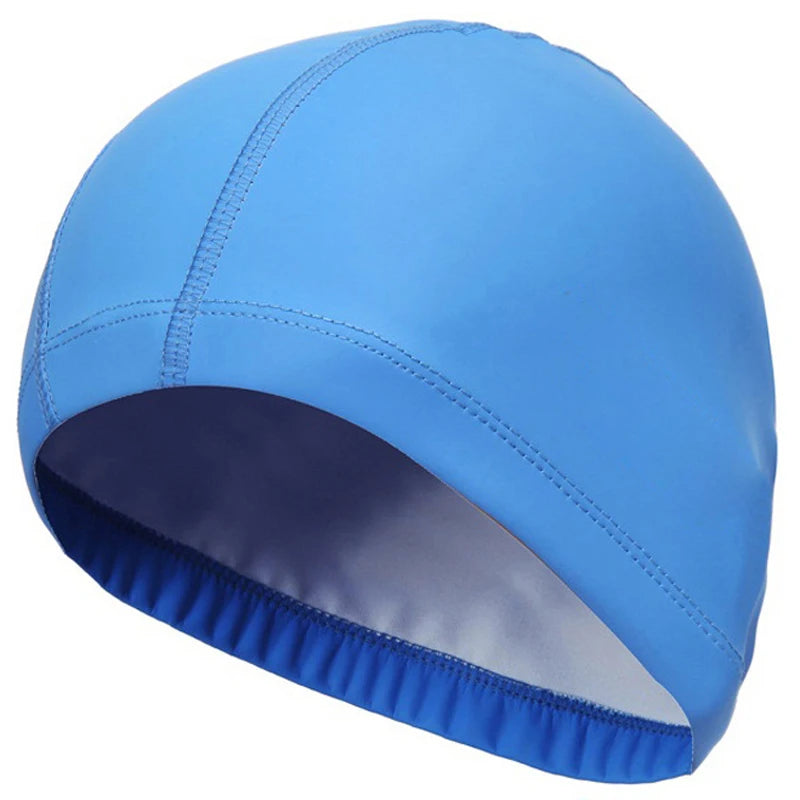 A bright blue waterproof swim cap designed to protect long hair.