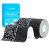 Roll of black and white kinesiology tape for therapeutic use packaged in a blue box