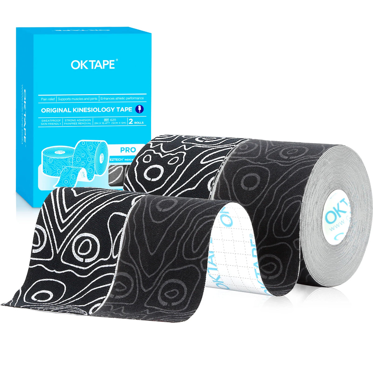 Roll of black and white kinesiology tape for therapeutic use packaged in a blue box
