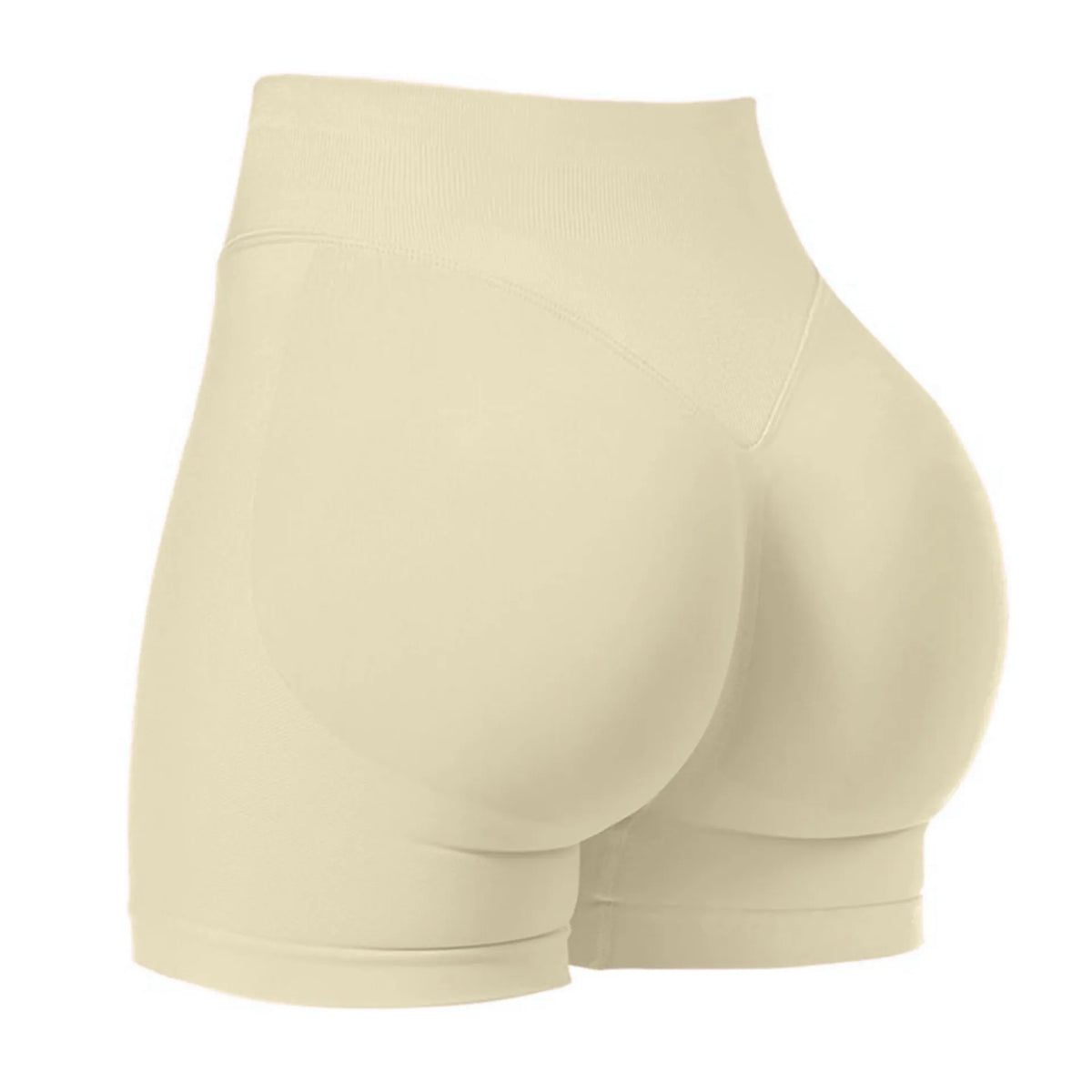 Short de yoga sans couture beige taille haute, vue de dos.