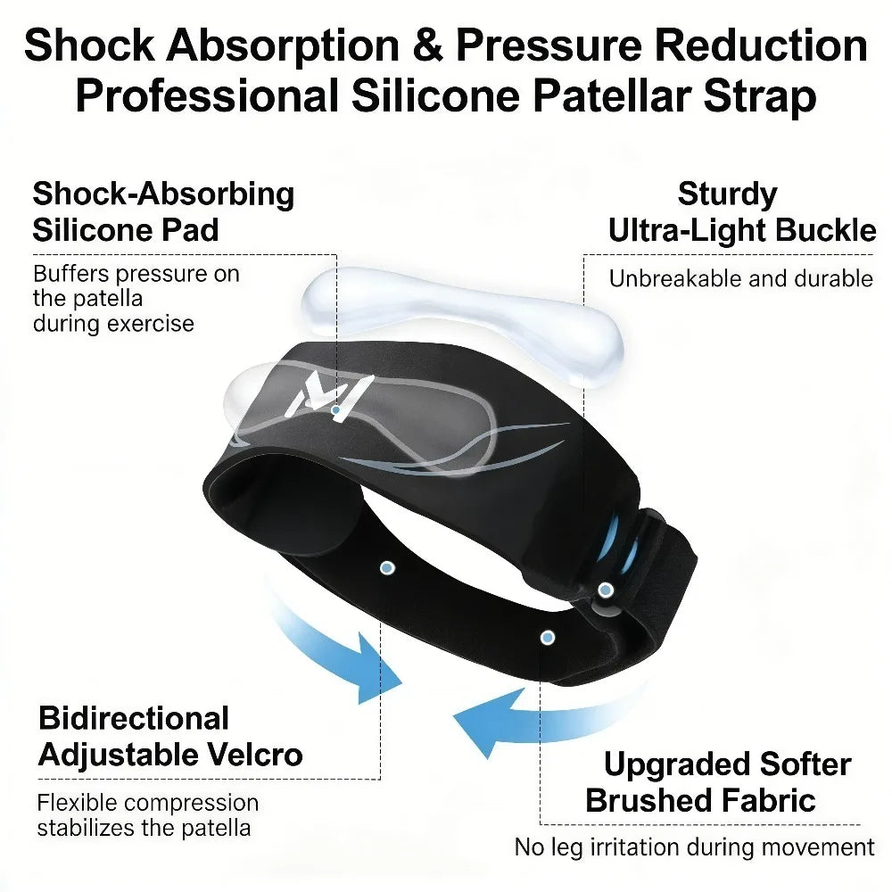 Black silicone patellar strap knee brace with a sturdy ultra-light buckle and bidirectional velcro adjustment.