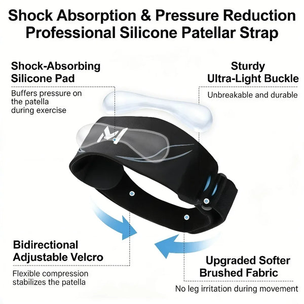 Black silicone patellar strap knee brace with a sturdy ultra-light buckle and bidirectional velcro adjustment.