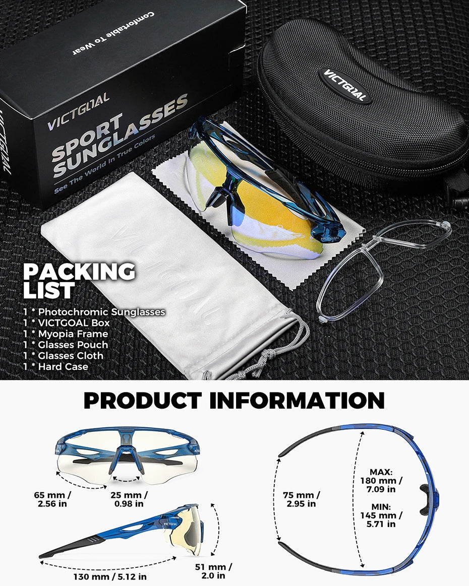A packing list shows photochromic sports sunglasses, a frame box, cloth, and hard case.