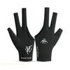 A pair of black breathable billiard playing gloves with a white logo on the palm.