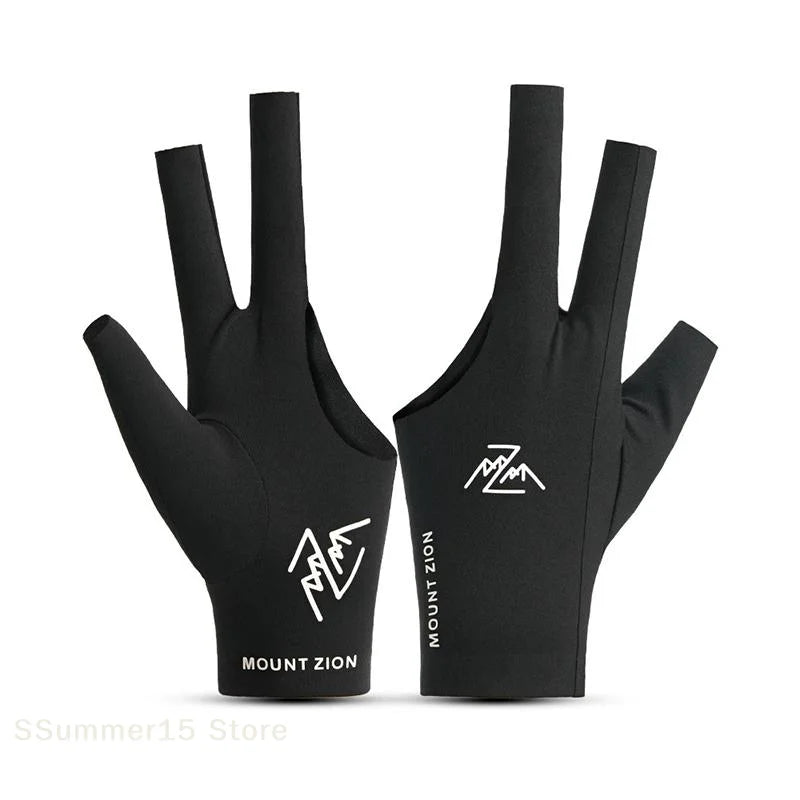 A pair of black breathable billiard playing gloves with a white logo on the palm.