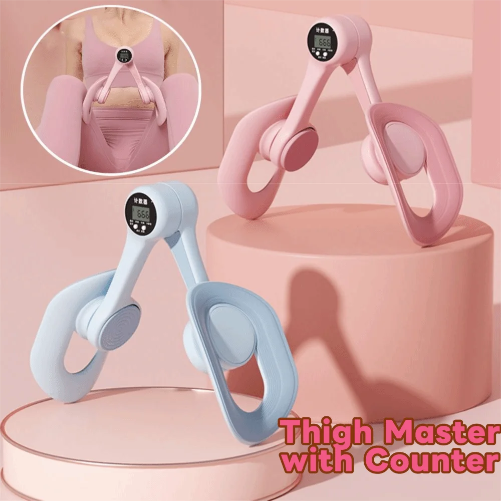Pink and light blue thigh and hip strength trainers with counters shown in various angles.