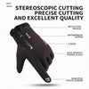 A black diving glove with a reflective design, waterproof zipper, logo, and sensitive touch screen.
