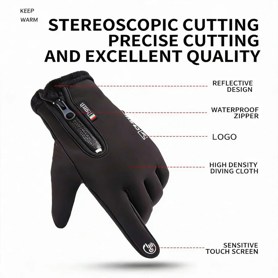 A black diving glove with a reflective design, waterproof zipper, logo, and sensitive touch screen.