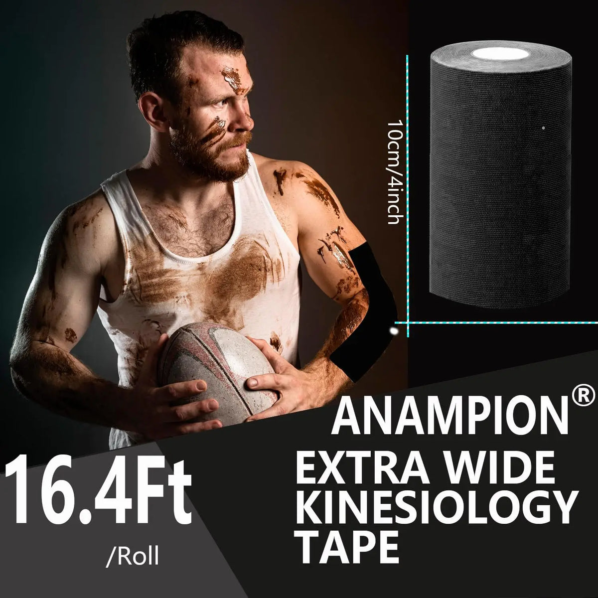 Ein muskulöser Mann trägt Anampion extra breites Kinesiologie-Tape auf seinen Arm.