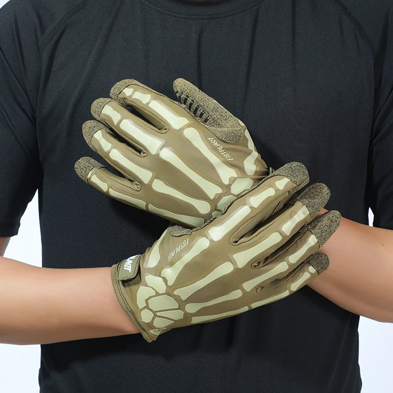 A pair of olive green tactical finger gloves are shown on a person's hand against a black shirt.