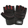 A pair of black cycling and fitness workout gloves with red accents.