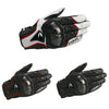 A pair of black and white genuine leather motorcycle motocross gloves shown from above and below.