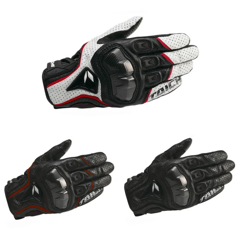 A pair of black and white genuine leather motorcycle motocross gloves shown from above and below.