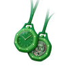 A green octagonal quartz pocket watch with a leather strap and decorative elements.