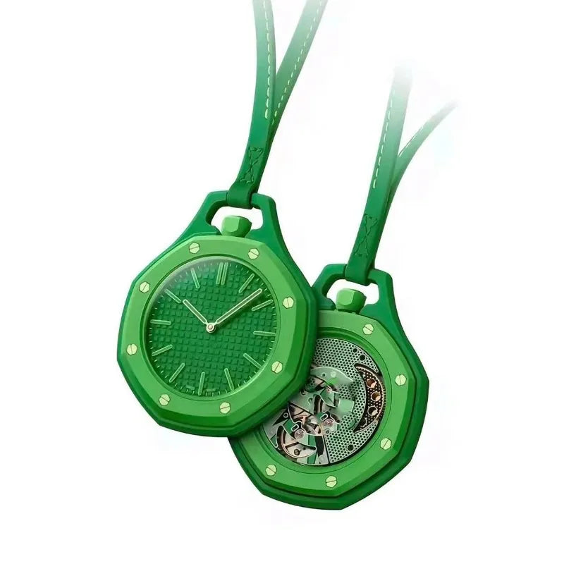 A green octagonal quartz pocket watch with a leather strap and decorative elements.