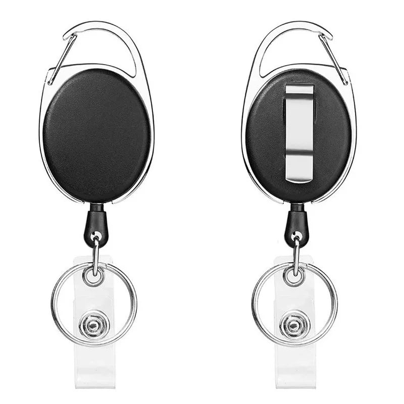 A black retractable ID badge reel with a silver keychain attached.