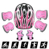 A set of pink and black multi-sport protective gear for kids, including a helmet, pads, and protective gloves.