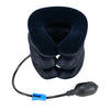 A dark blue inflatable cervical traction stretcher with a black hose and a rubber bulb.