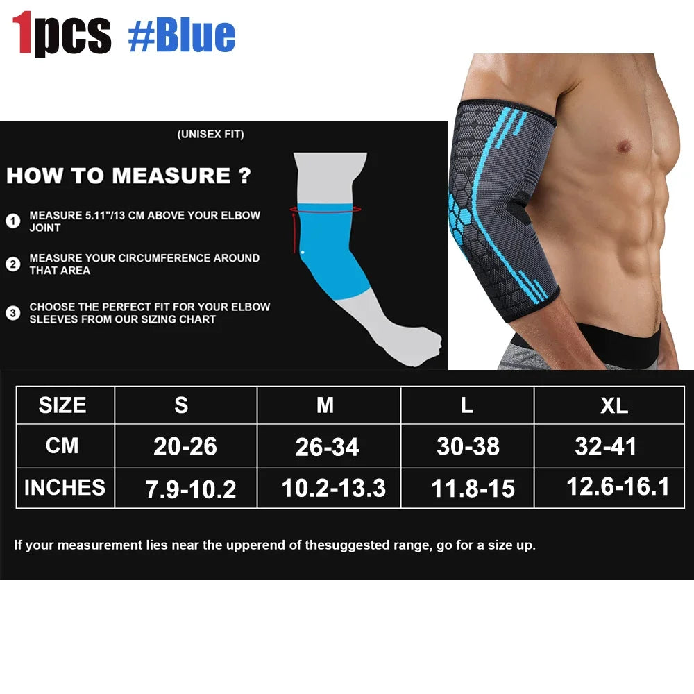 Blue unisex elbow support compression sleeve shown on an arm with measurement instructions.