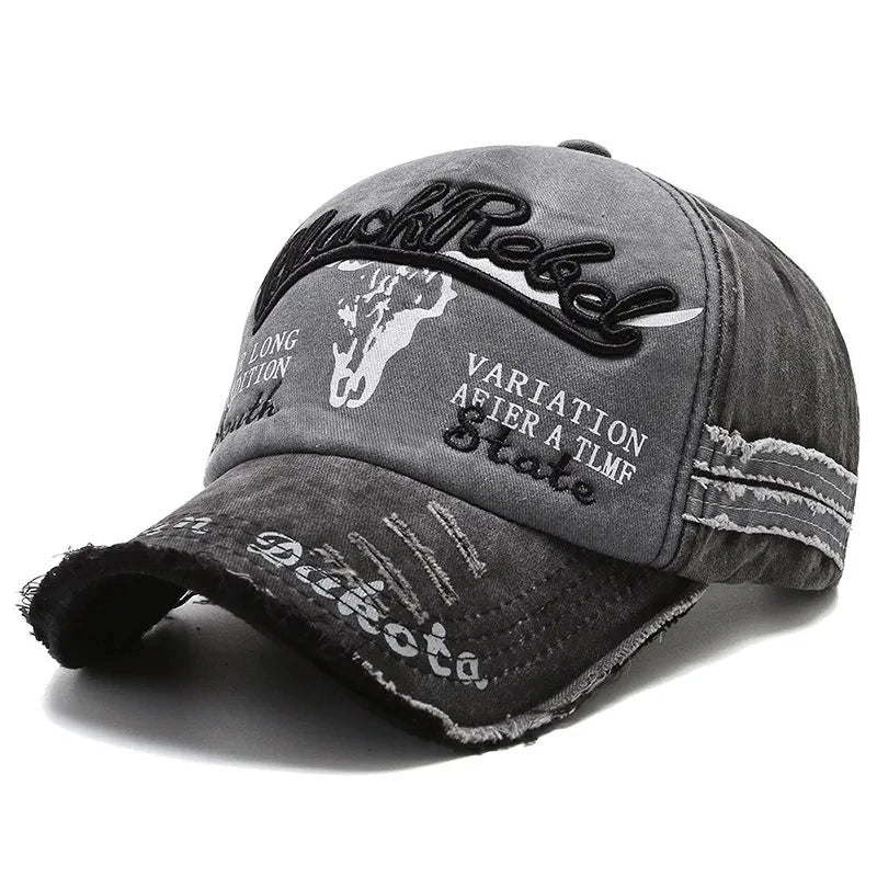 Vintage Washed Cotton Baseball Cap with Embroidered Cow Head