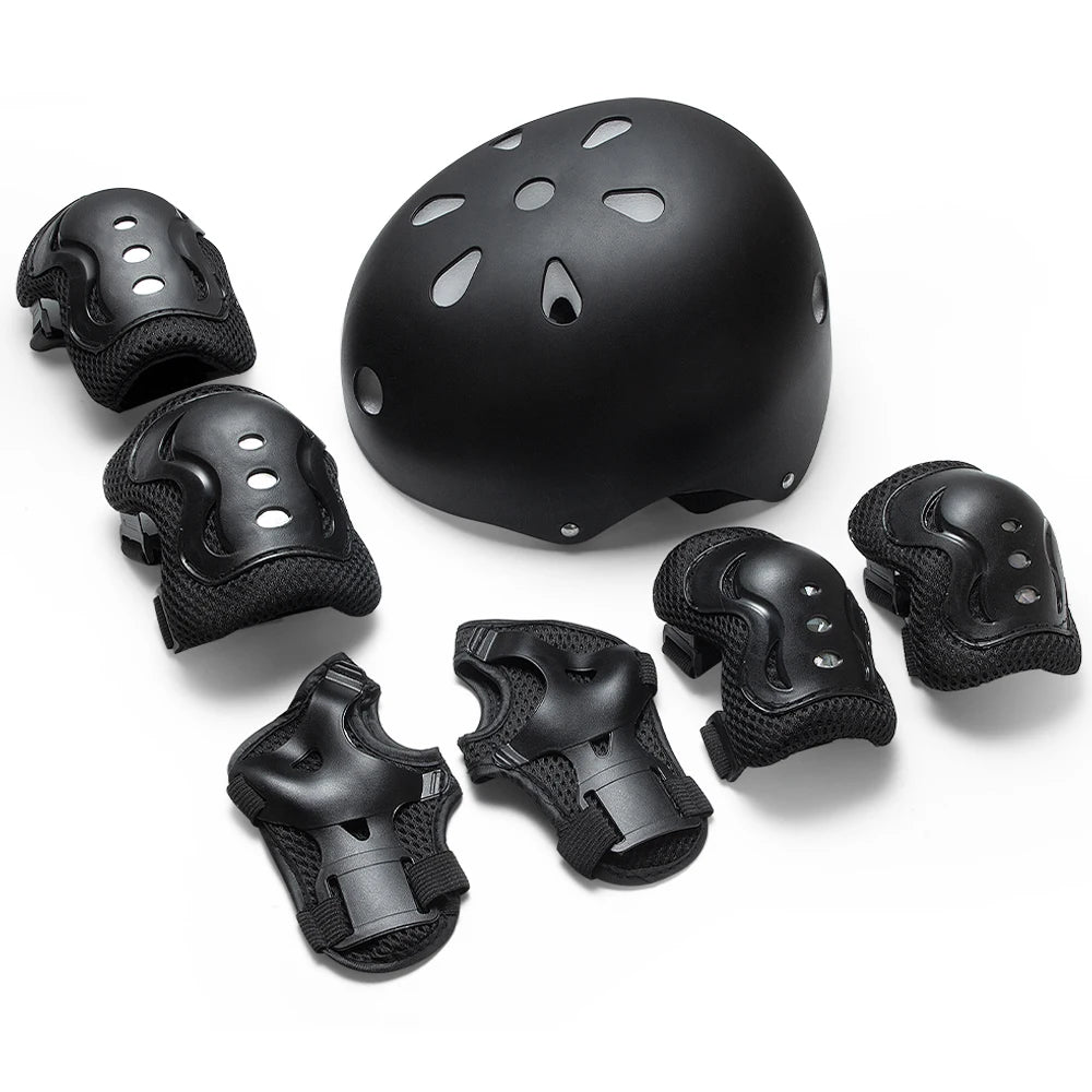 A black protective gear set for kids including a helmet and pads for skates and scooters.