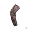 A black and tan reusable stretch tattoo arm sleeve is shown in a curved shape.