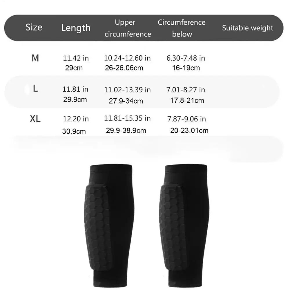Black honeycomb leg guards shown in a pair, demonstrating various sizes and dimensions.