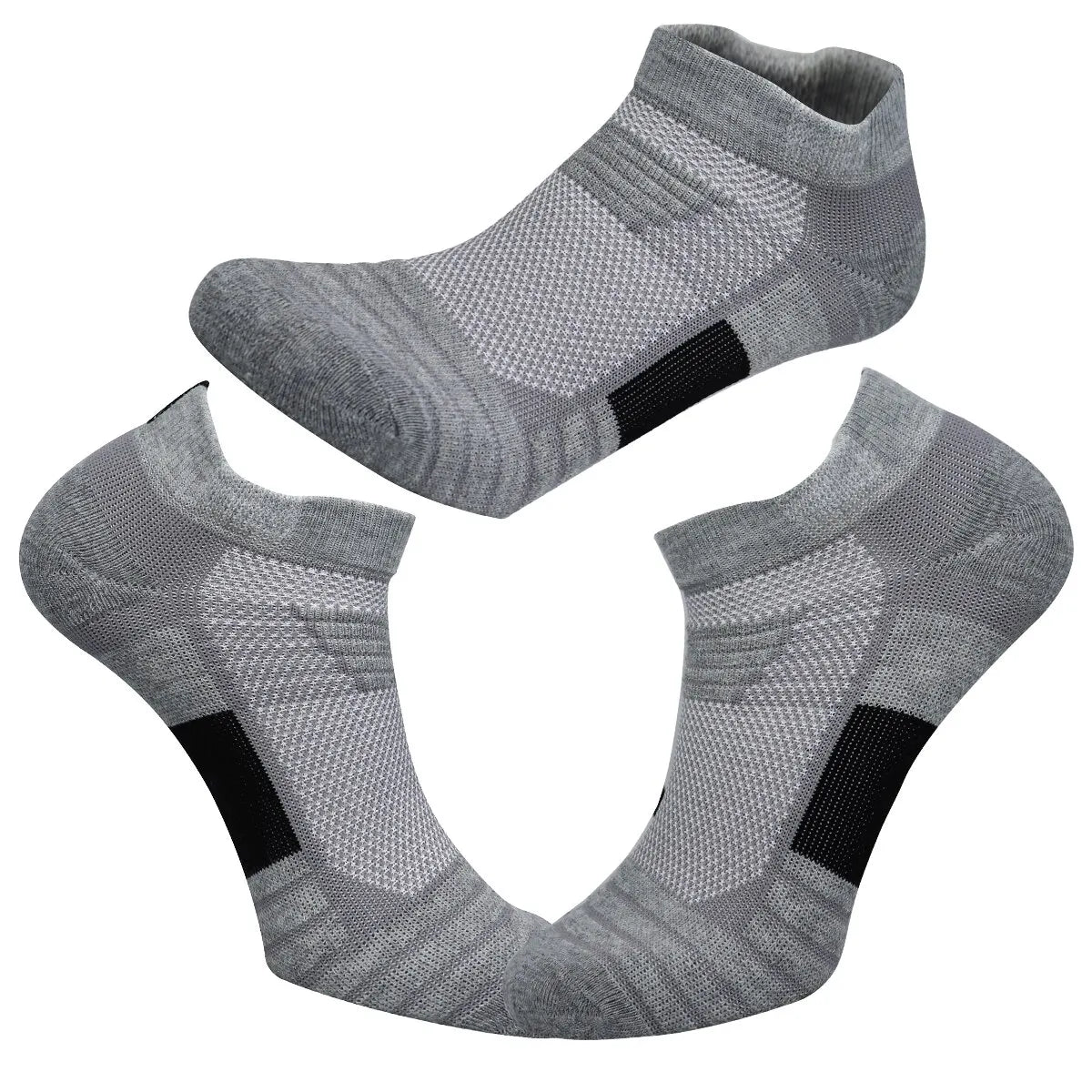 Gray performance running socks shown from above and below