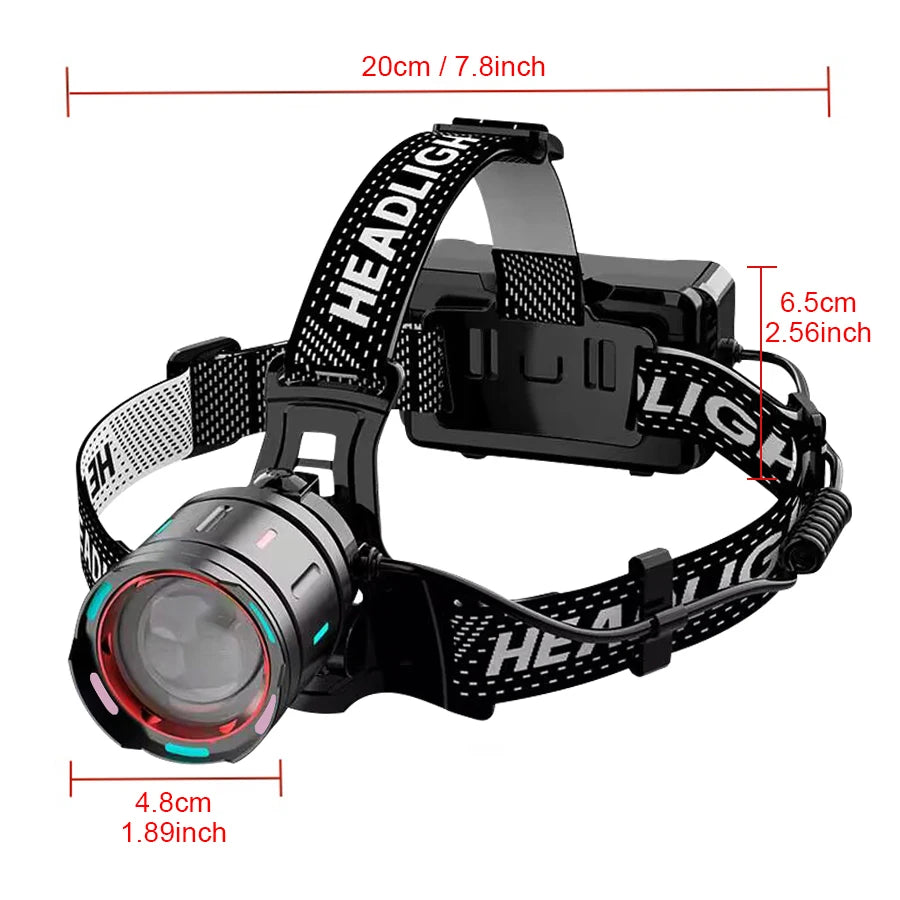 Black LED headlamp with a zoomable beam and adjustable strap shown from the side.