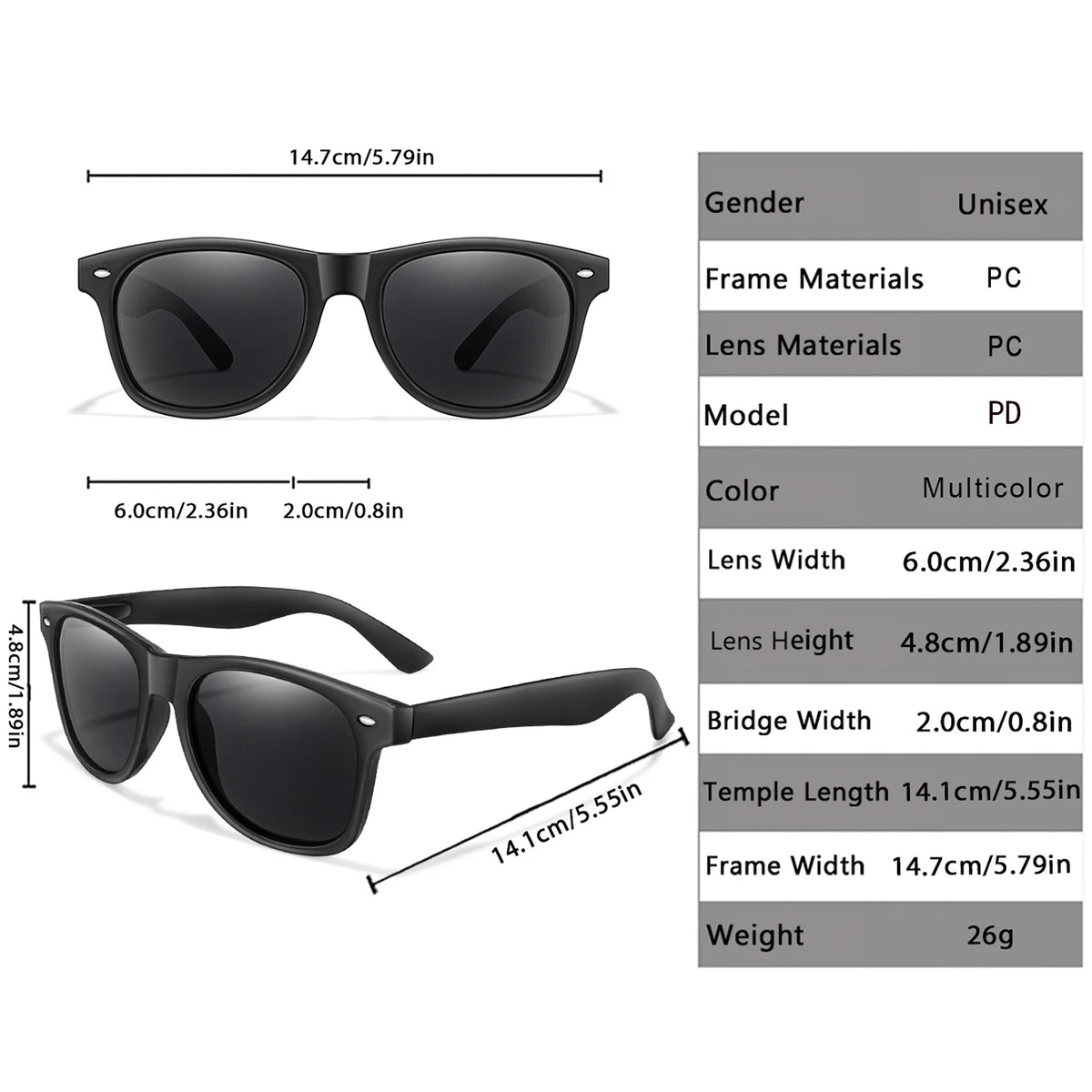 Black retro style sunglasses with PC frame and PC lenses shown from the front and side.