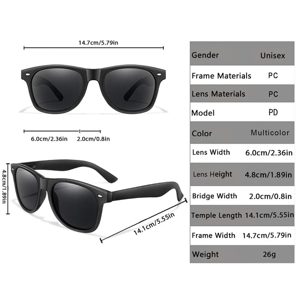 Black retro style sunglasses with PC frame and PC lenses shown from the front and side.