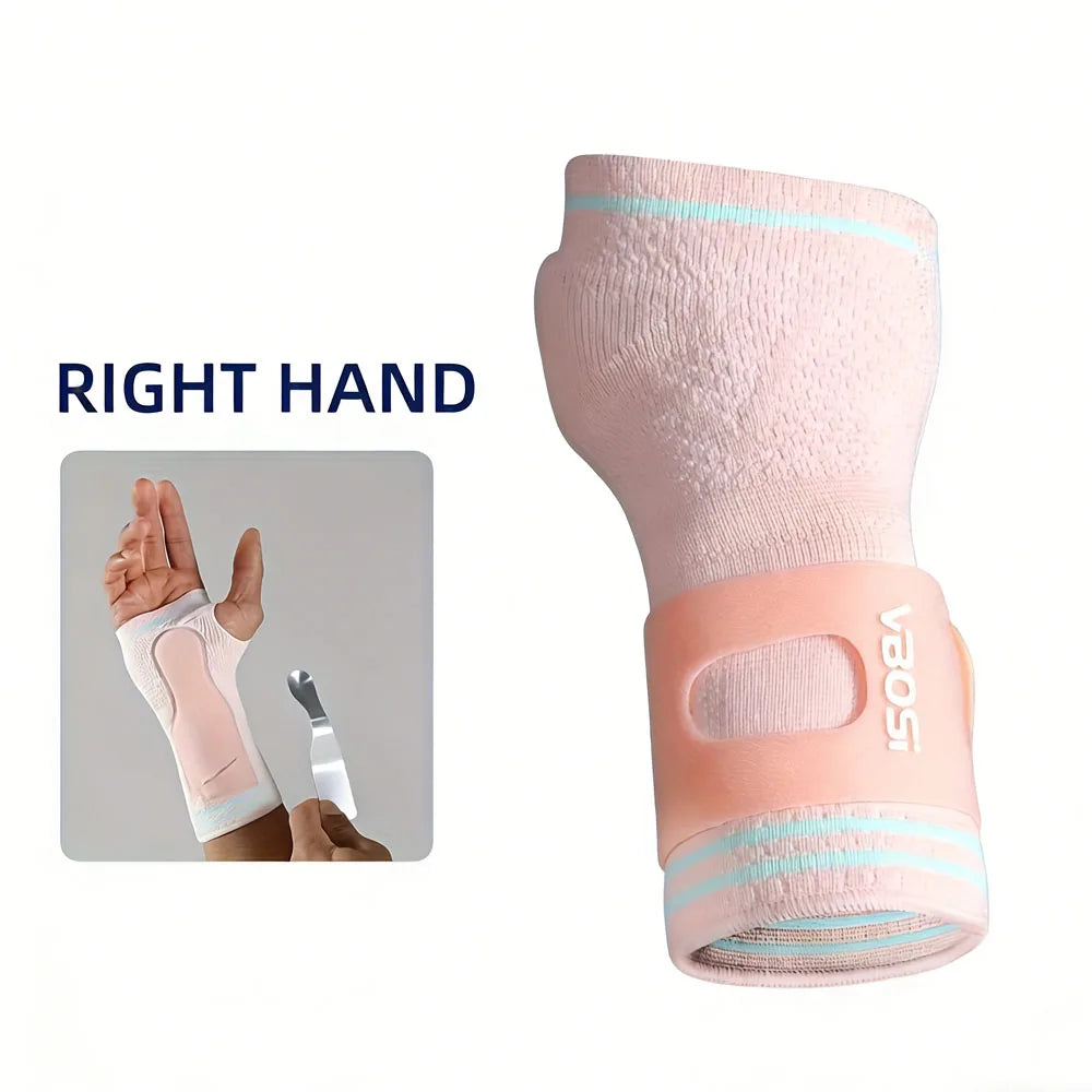 A pink adjustable wrist palm support brace for the right hand, shown in a close-up view.