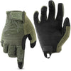 A pair of olive green tactical touchscreen sports gloves shown against a white background.