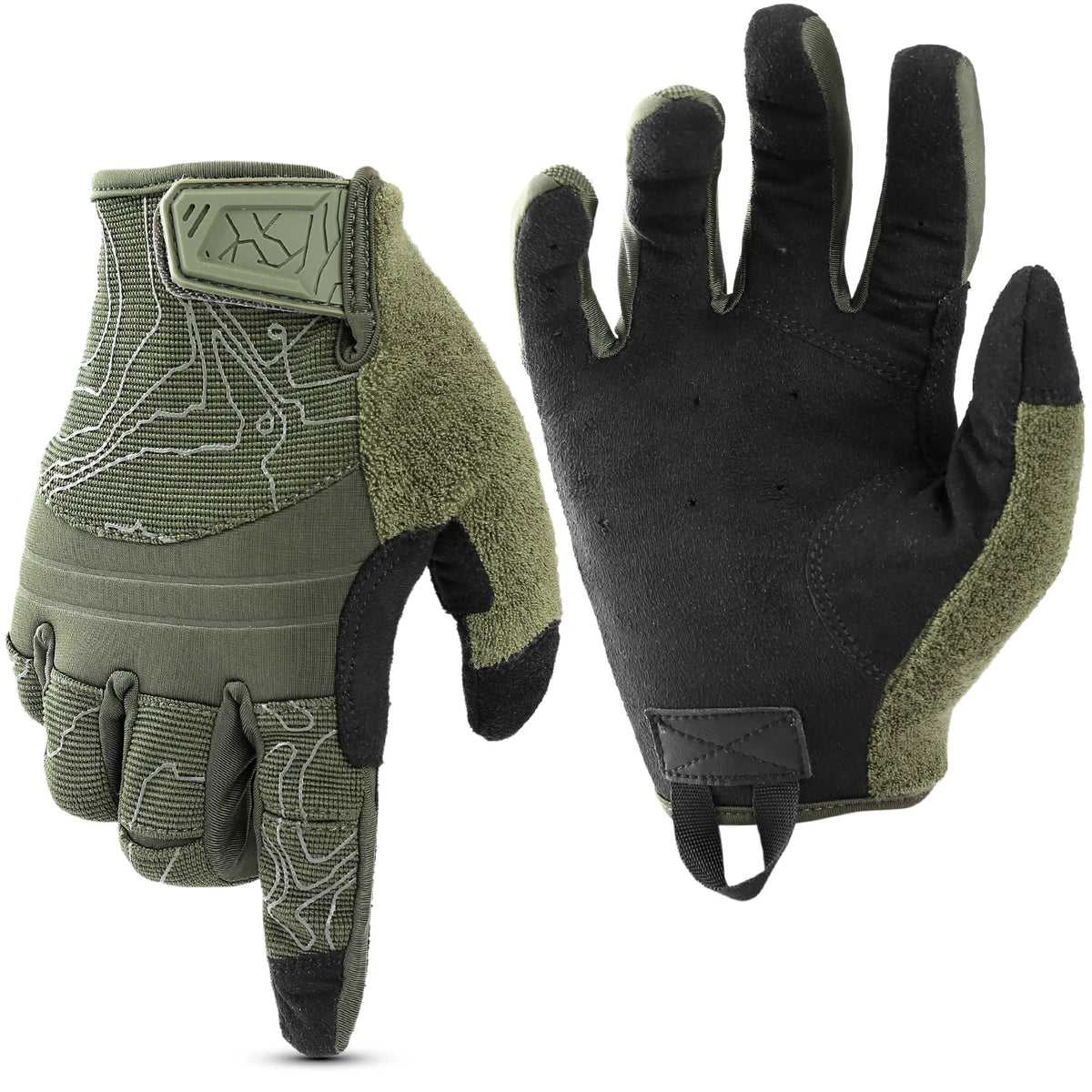 A pair of olive green tactical touchscreen sports gloves shown against a white background.
