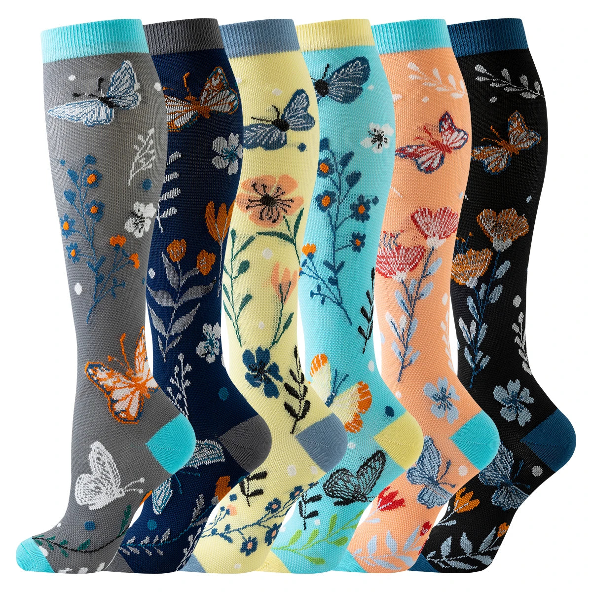 A collection of knee-high compression socks featuring various butterfly patterns in gray, blue, yellow, and orange tones.