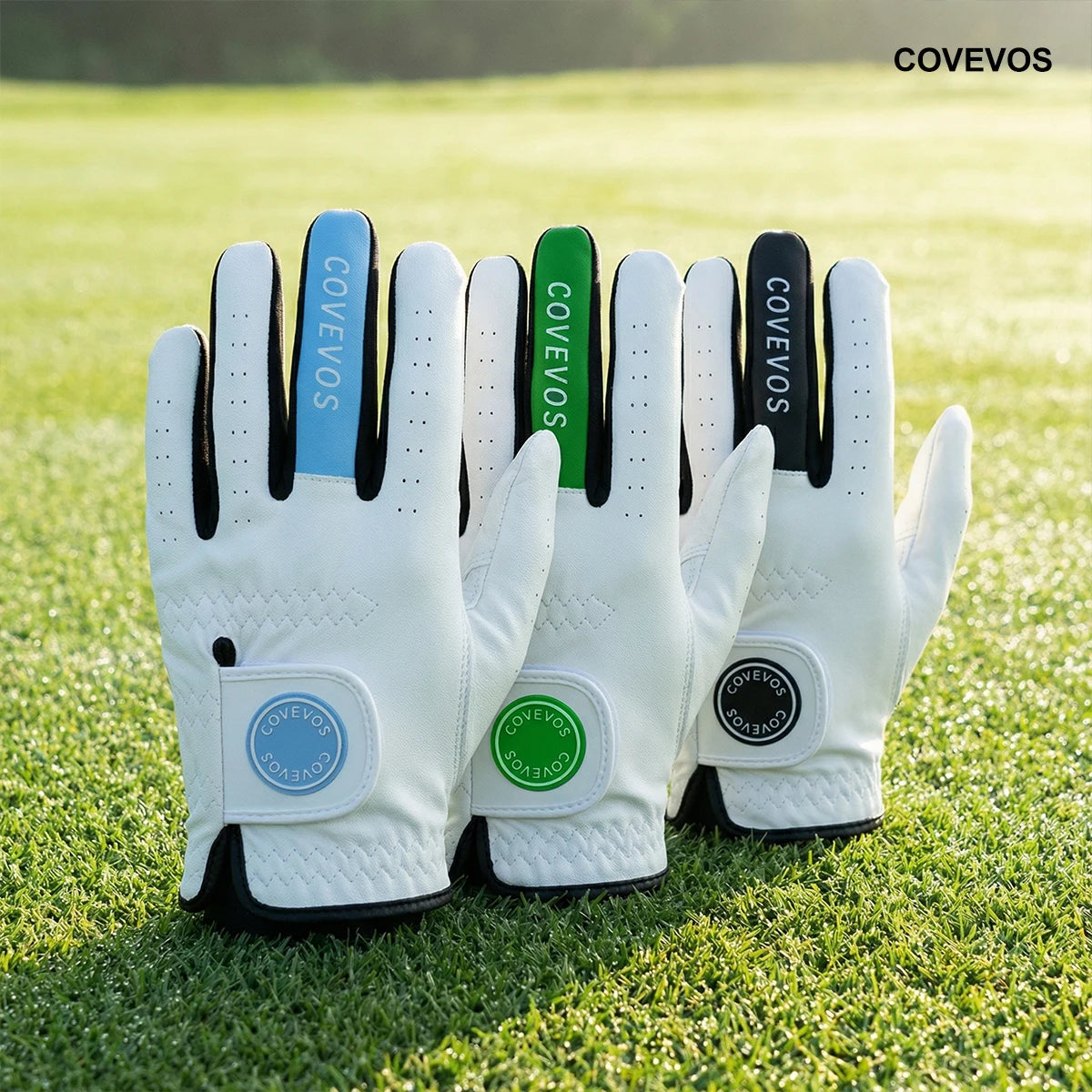 Un ensemble de gants de golf ergonomiques blancs de différentes couleurs, dont bleu, vert et noir, posés sur un parcours de g