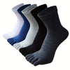 A stack of five men's breathable cotton split toe socks in various shades of blue, gray, and black.