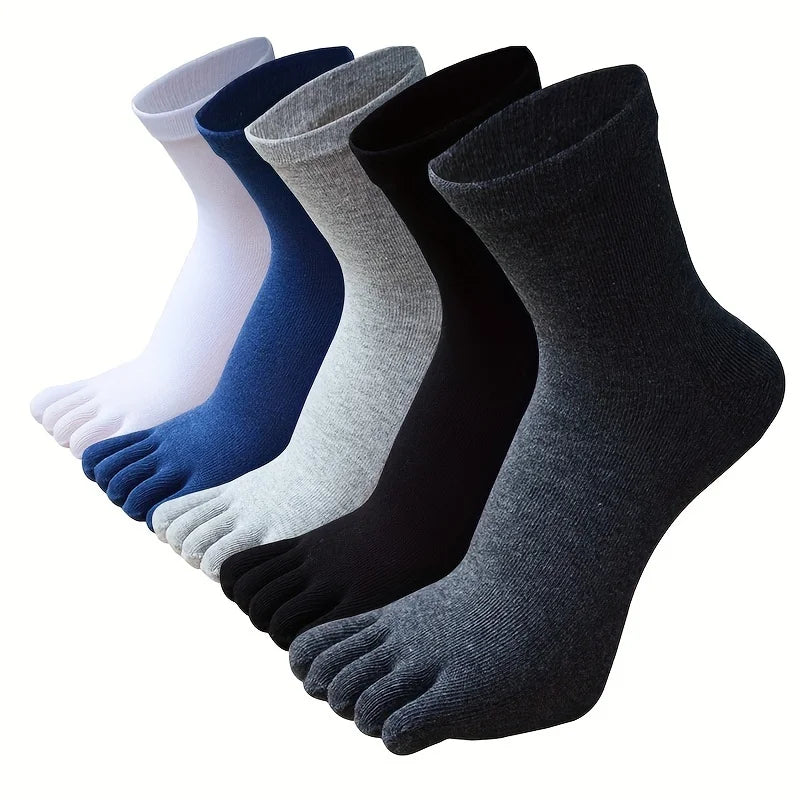 A stack of five men's breathable cotton split toe socks in various shades of blue, gray, and black.