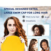 A woman shows off a special designed extra large swim cap for long hair and braids, highlighting its use on curly and dreadlo
