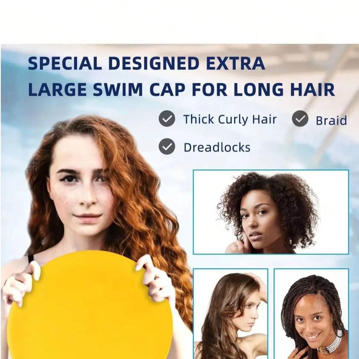 A woman shows off a special designed extra large swim cap for long hair and braids, highlighting its use on curly and dreadlo