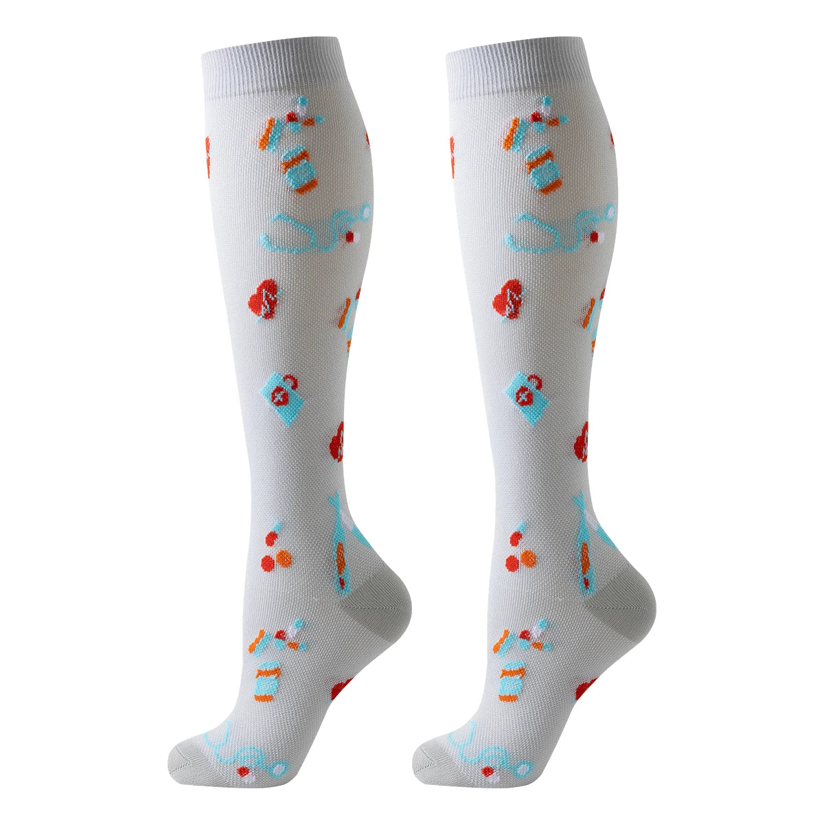 A pair of white knee-high compression socks decorated with small orange, red, and blue patterns.